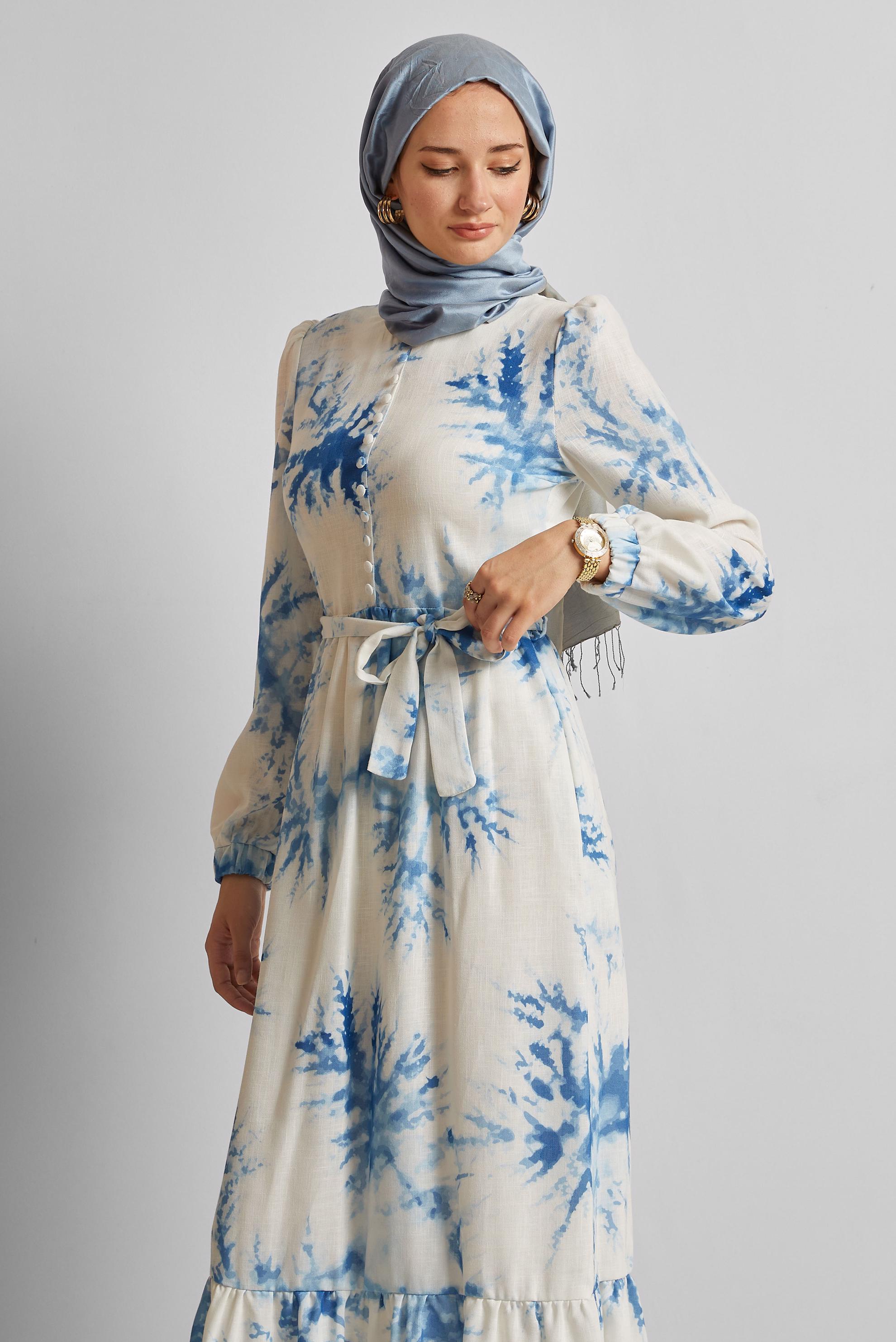 Vêtements hijab BLEU MARINE ROBE À MOTIFS CEINTURÉE 45725
