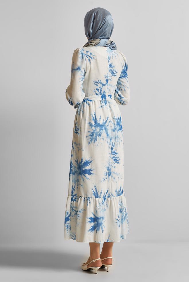 Vêtements hijab BLEU MARINE ROBE À MOTIFS CEINTURÉE 45725 - ALVİNA