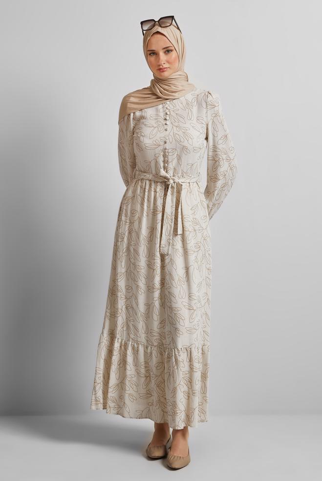 Hijab clothing BROWN BELTED LINEN DRESS 45726 - ALVİNA