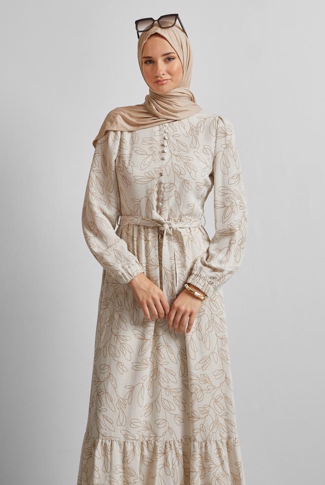 Hijab clothing BROWN BELTED LINEN DRESS 45726 - ALVİNA