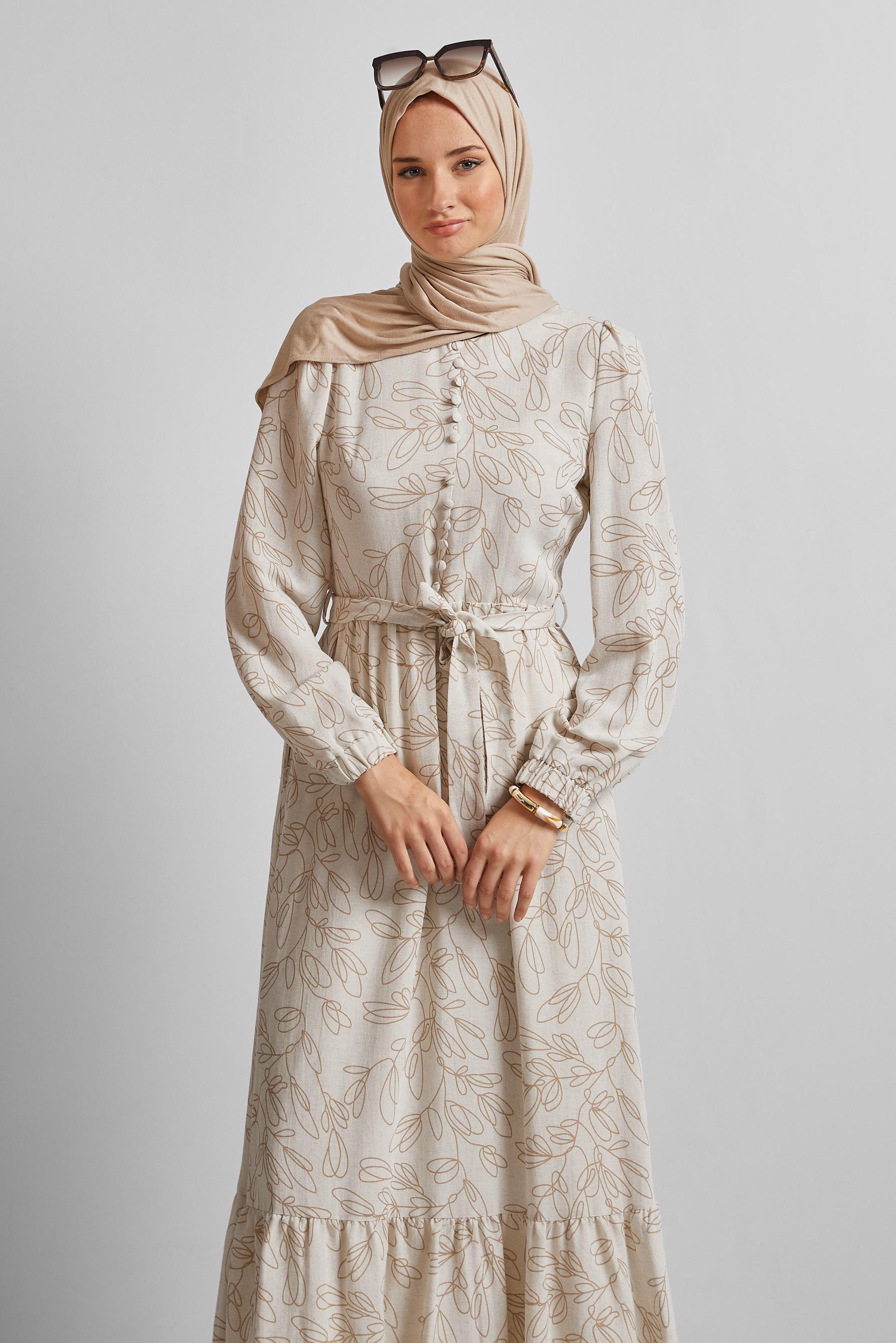 Hijab clothing BROWN BELTED LINEN DRESS 45726