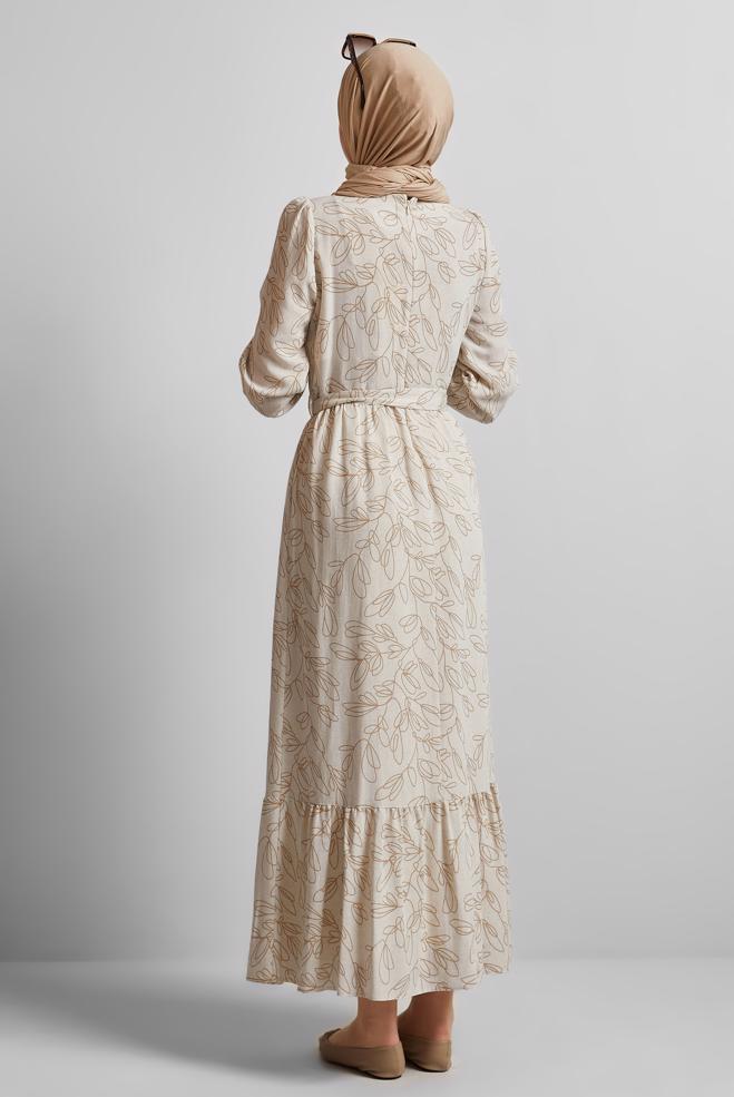 Hijab clothing BROWN BELTED LINEN DRESS 45726 - ALVİNA