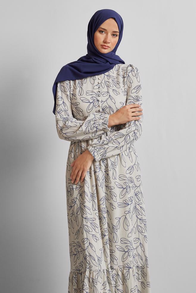 Hijab clothing NAVY BLUE BELTED LINEN DRESS 45726 - ALVİNA