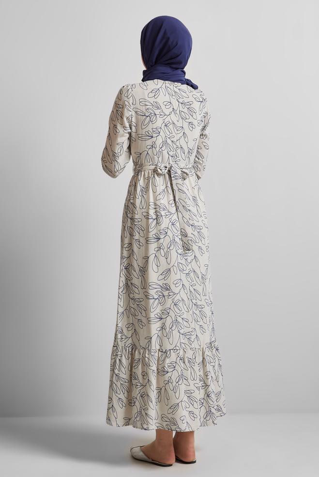 Hijab clothing NAVY BLUE BELTED LINEN DRESS 45726 - ALVİNA
