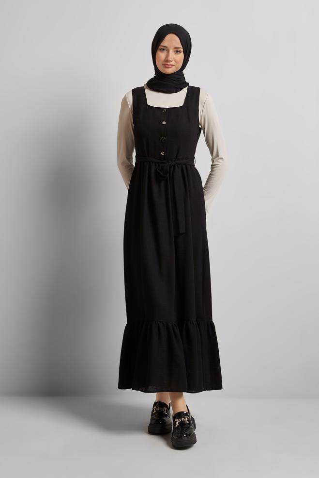 Vêtements hijab NOIR ROBE CHASUBLE CEINTURÉE 45728 - ALVİNA