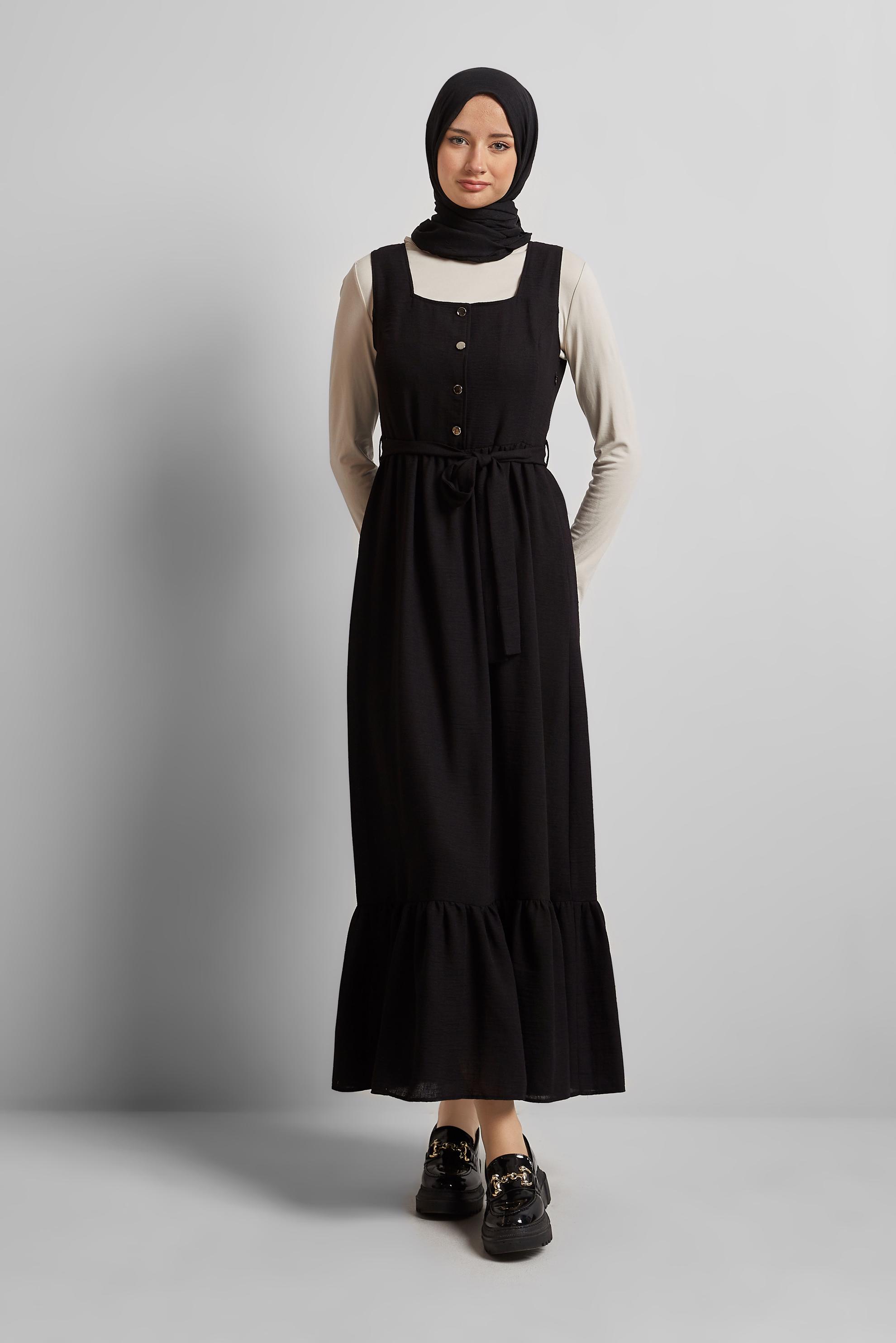 Tesettür giyim SİYAH KUŞAKLI JİLE ELBİSE 45728