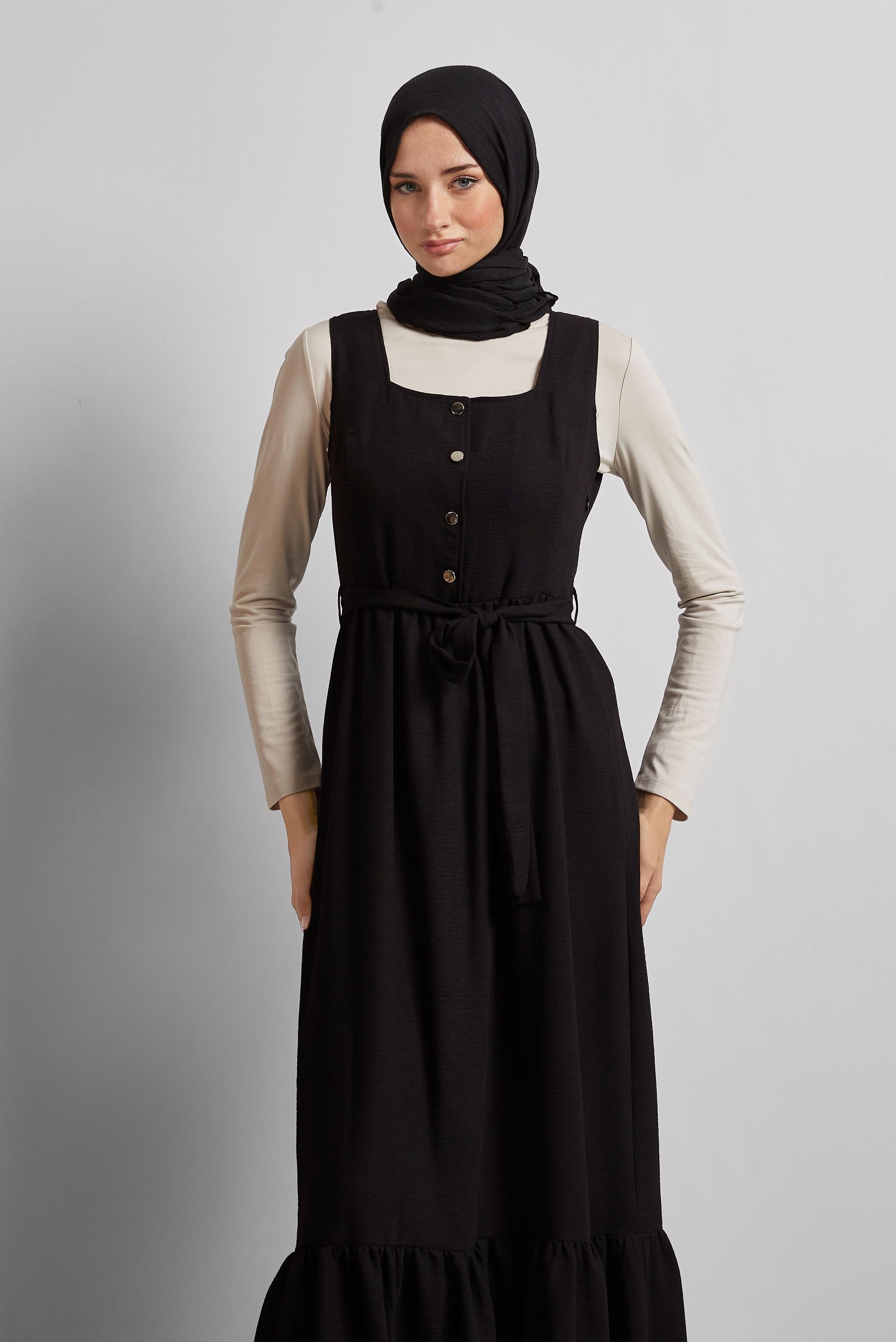 Tesettür giyim SİYAH KUŞAKLI JİLE ELBİSE 45728