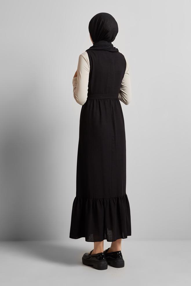 Vêtements hijab NOIR ROBE CHASUBLE CEINTURÉE 45728 - ALVİNA