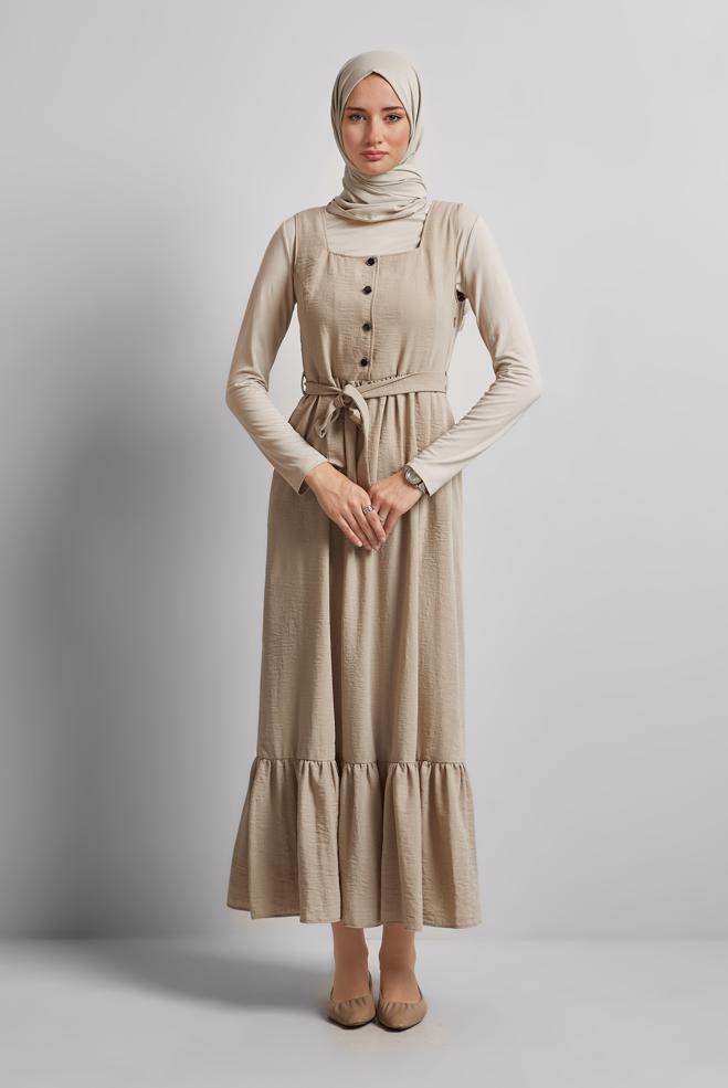 Vêtements hijab BEIGE ROBE CHASUBLE CEINTURÉE 45728 - ALVİNA