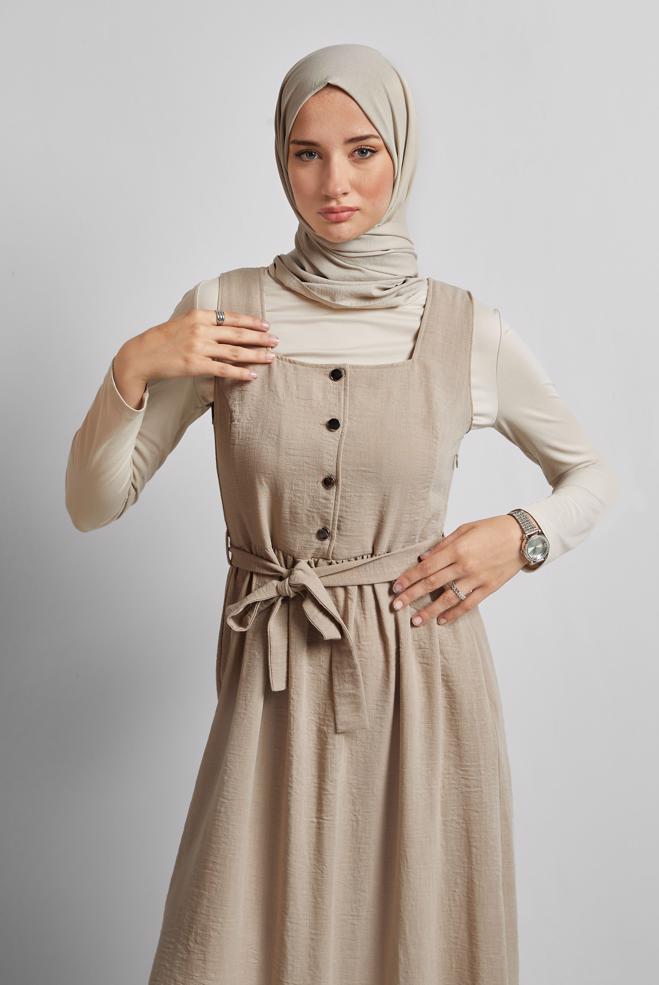 Vêtements hijab BEIGE ROBE CHASUBLE CEINTURÉE 45728 - ALVİNA