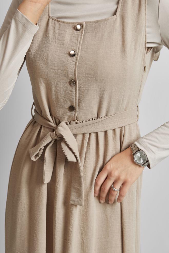 Vêtements hijab BEIGE ROBE CHASUBLE CEINTURÉE 45728 - ALVİNA