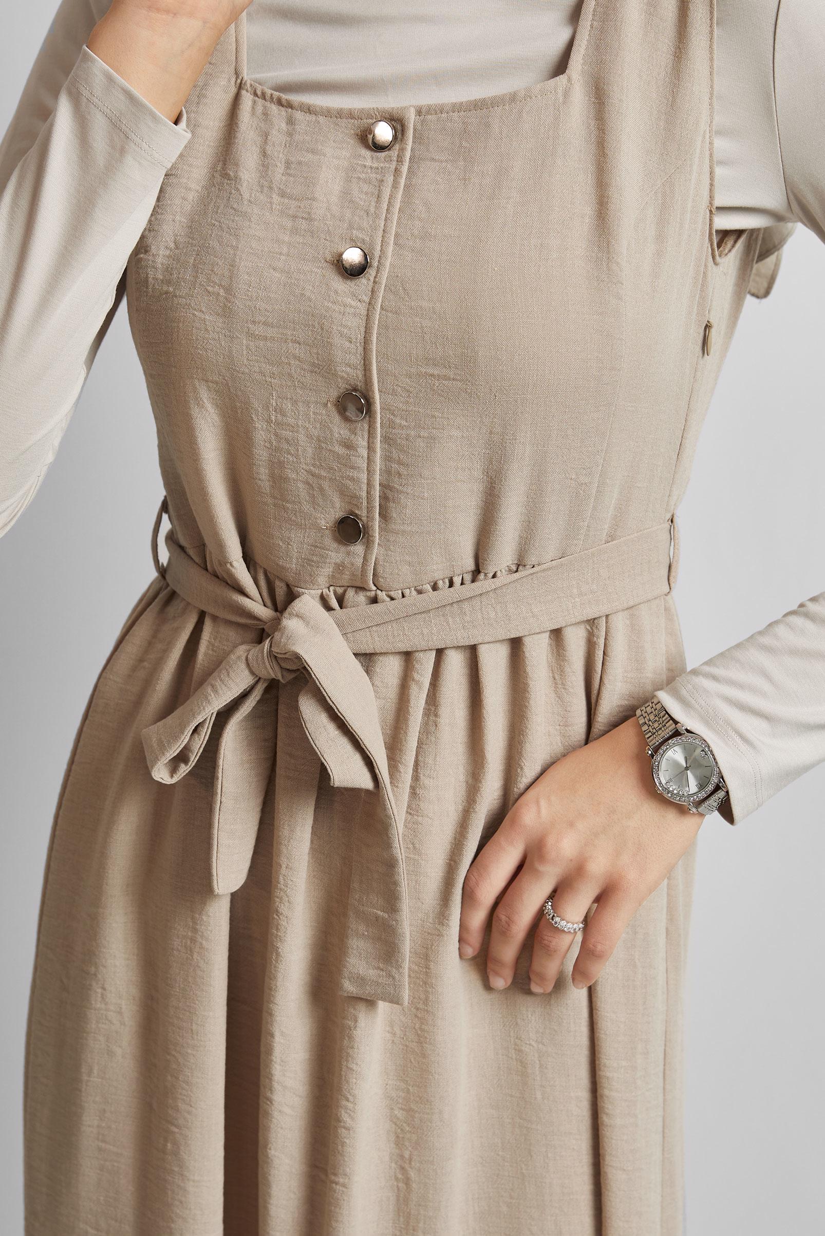 Tesettür giyim BEJ KUŞAKLI JİLE ELBİSE 45728