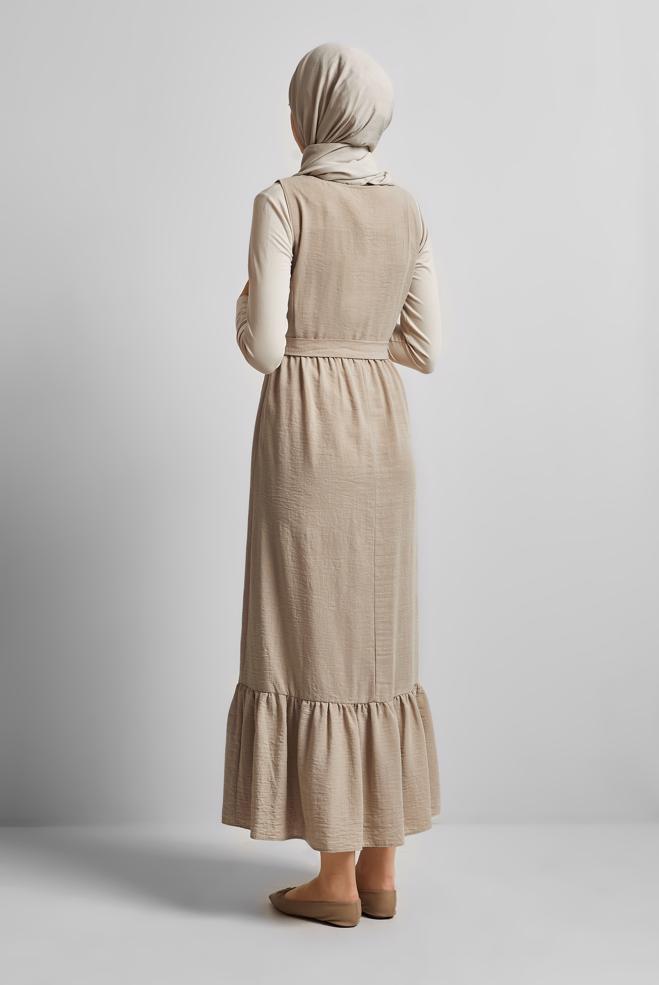 Vêtements hijab BEIGE ROBE CHASUBLE CEINTURÉE 45728 - ALVİNA