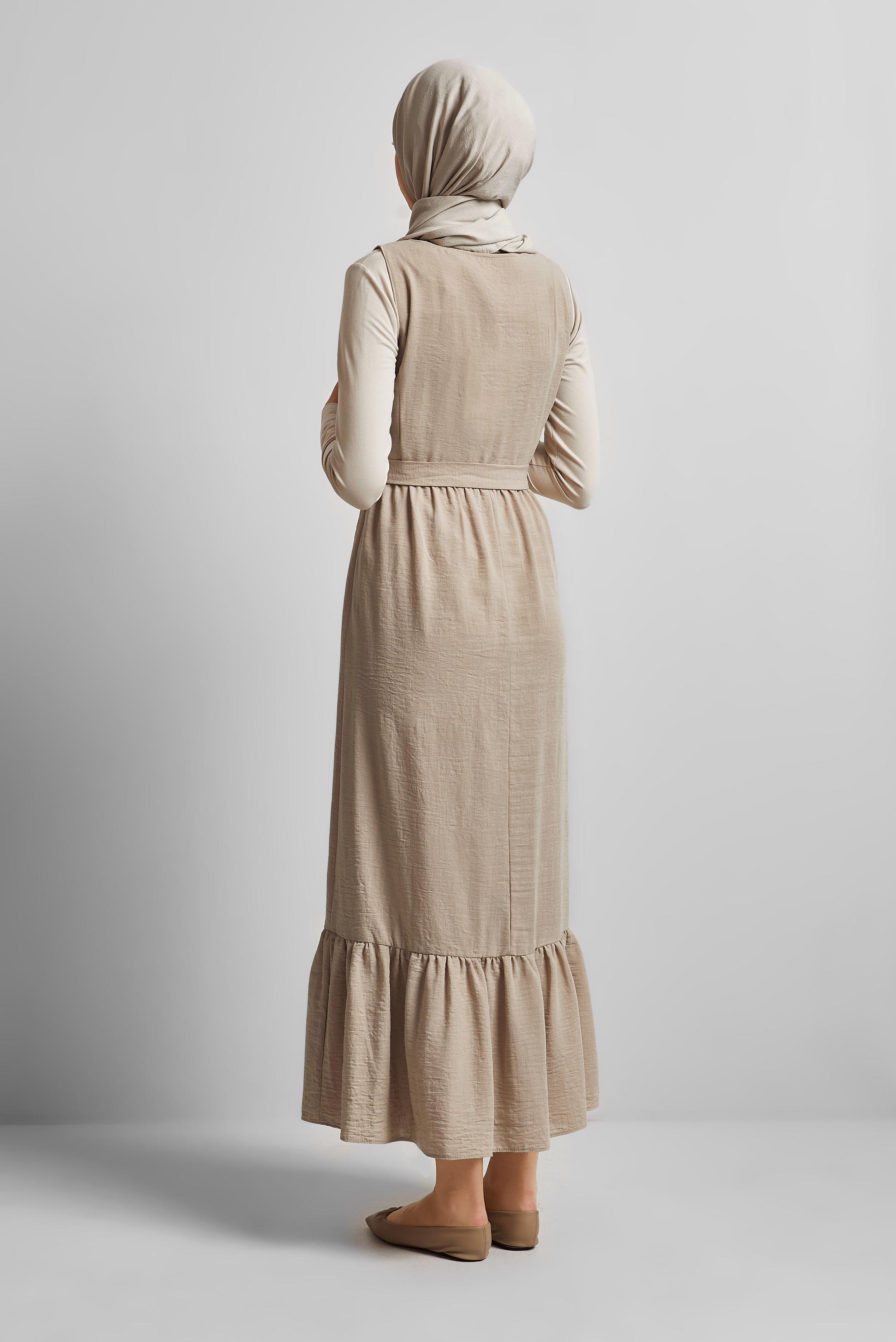 Tesettür giyim BEJ KUŞAKLI JİLE ELBİSE 45728