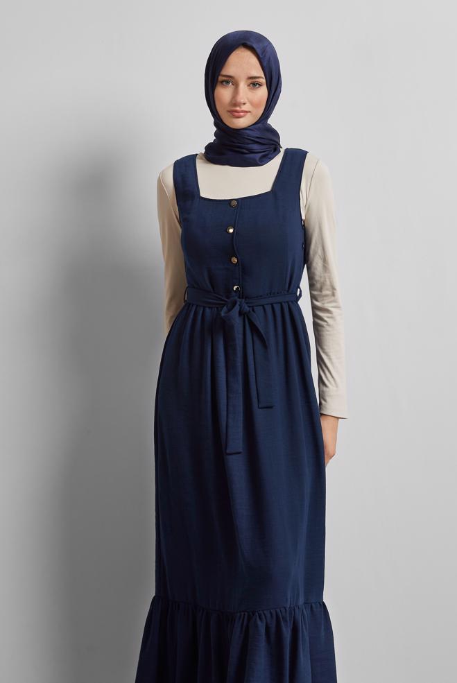 Vêtements hijab BLEU MARINE ROBE CHASUBLE CEINTURÉE 45728 - ALVİNA
