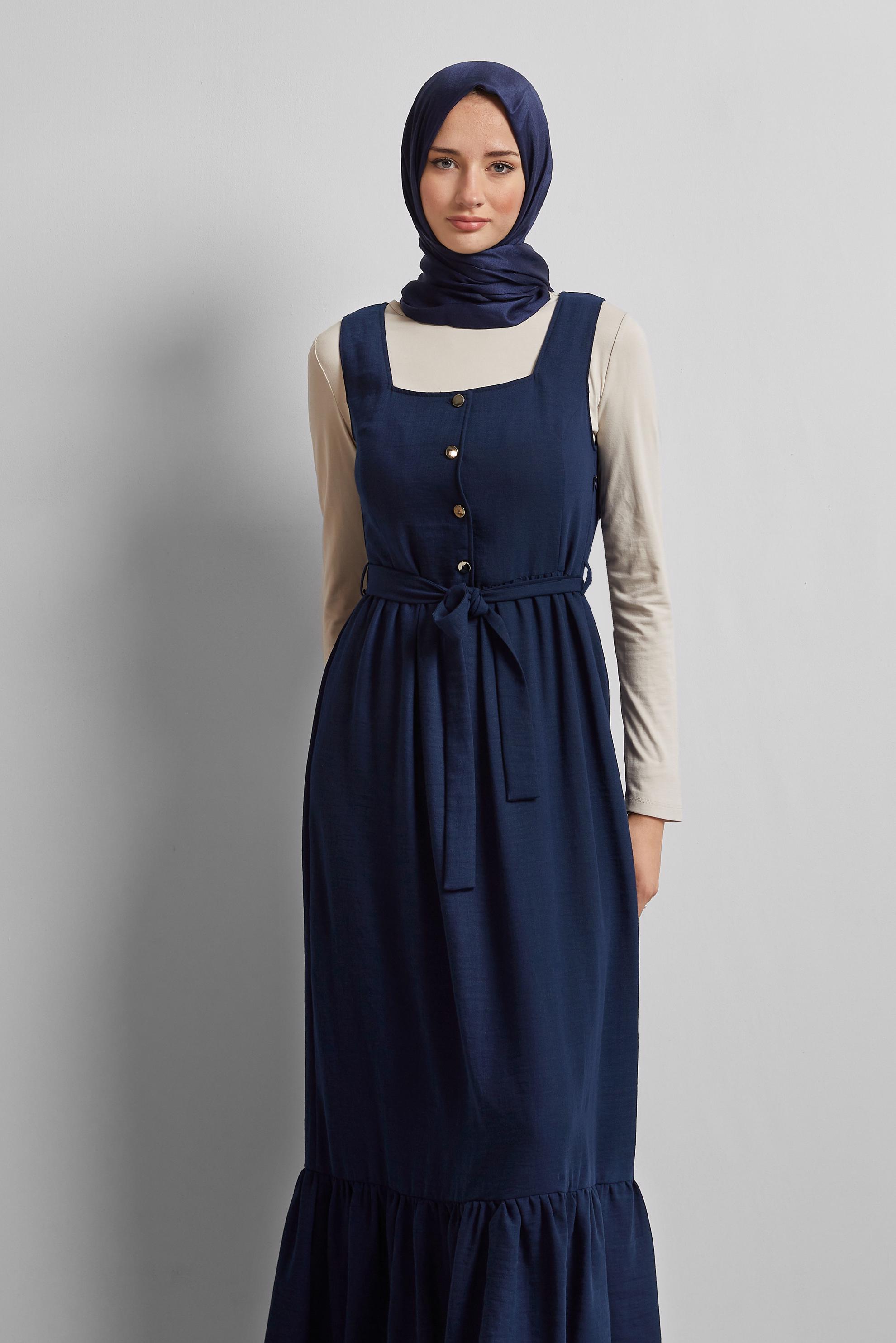Tesettür giyim LACİVERT KUŞAKLI JİLE ELBİSE 45728