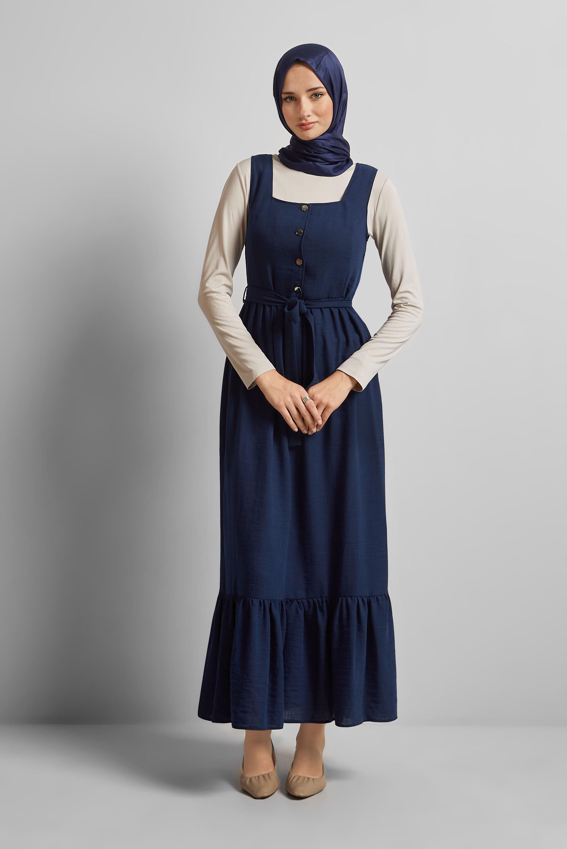 Tesettür giyim LACİVERT KUŞAKLI JİLE ELBİSE 45728
