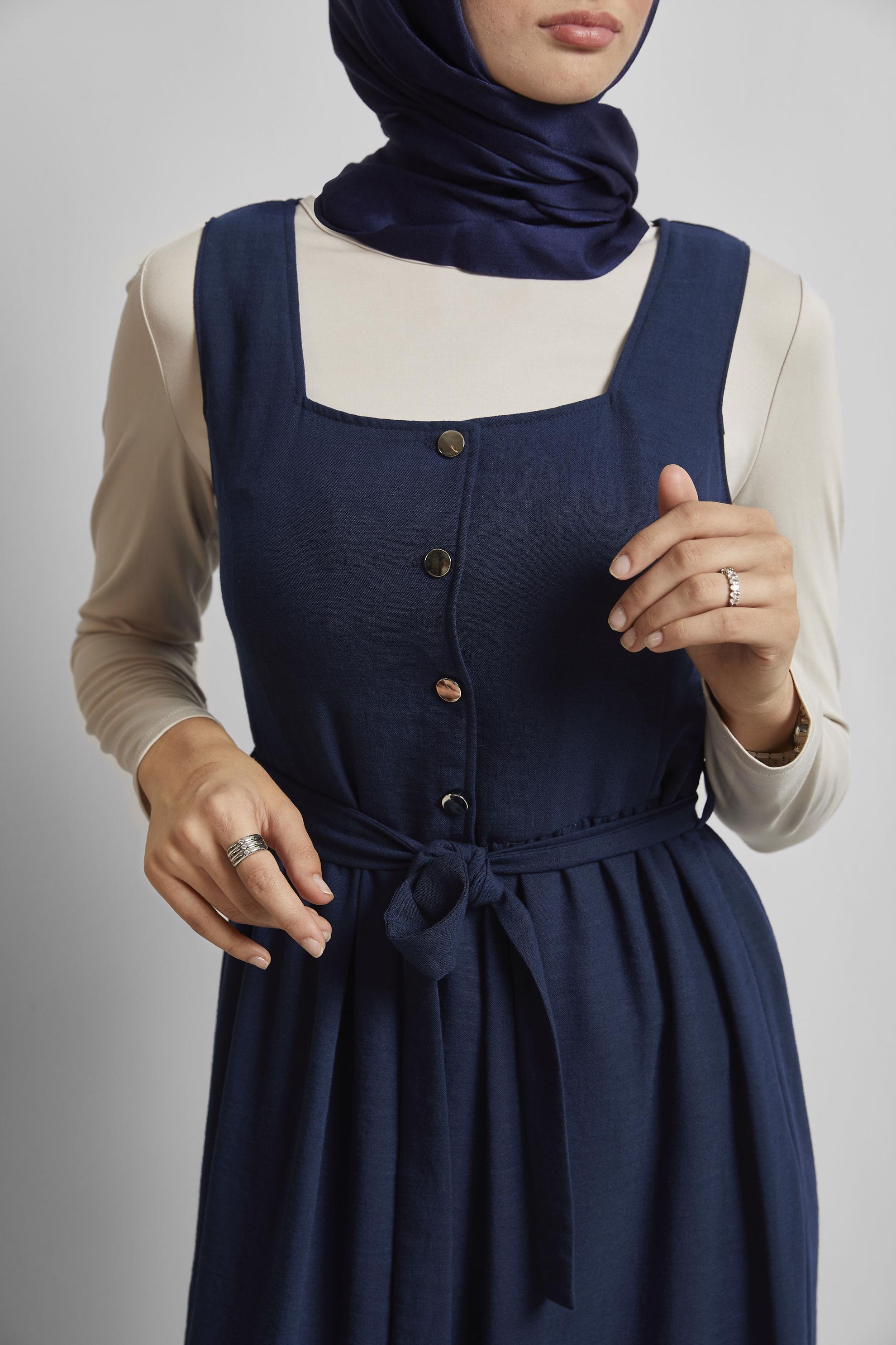 Tesettür giyim LACİVERT KUŞAKLI JİLE ELBİSE 45728