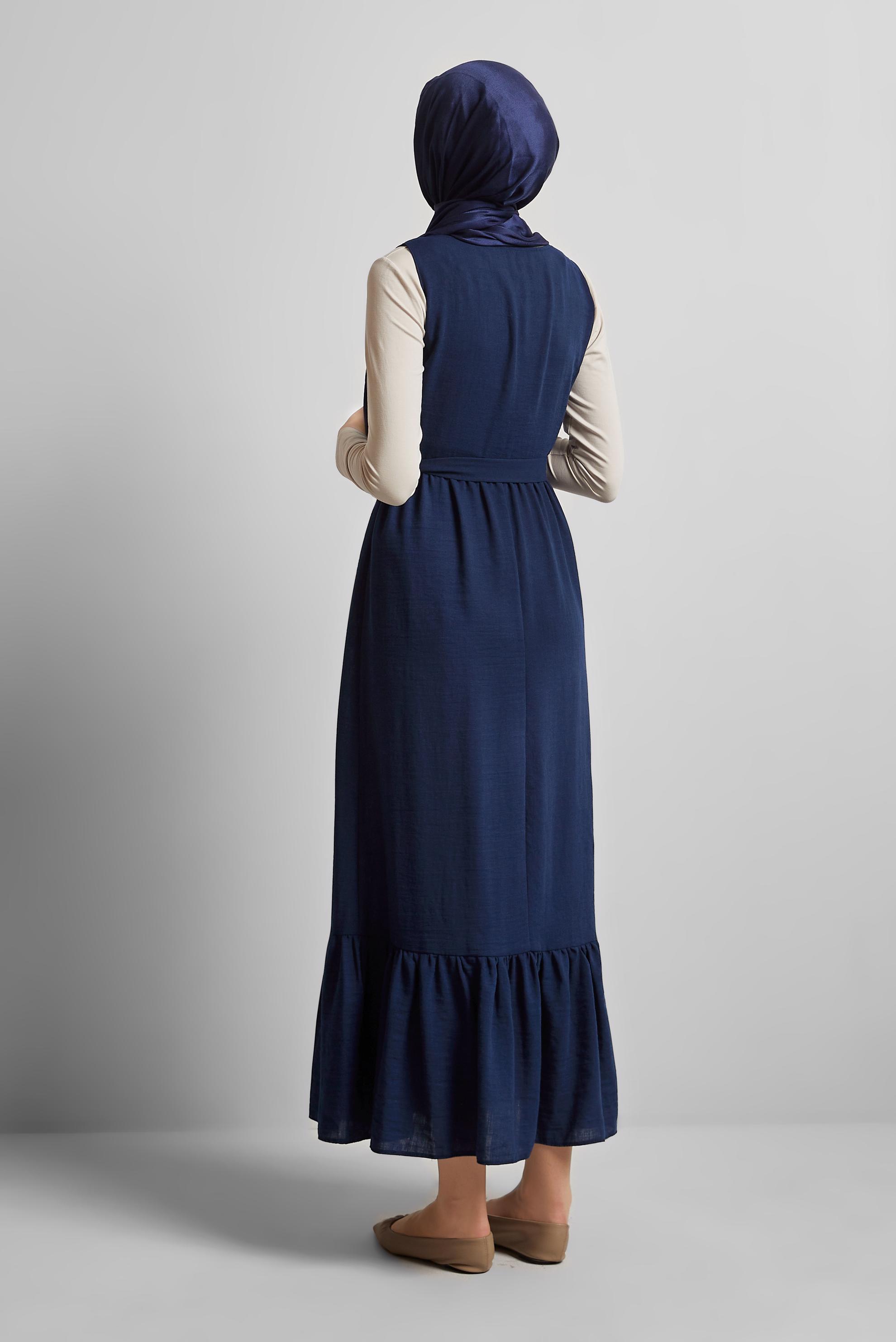 Tesettür giyim LACİVERT KUŞAKLI JİLE ELBİSE 45728