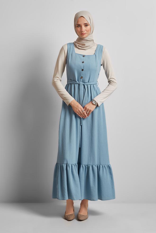 Hijab clothing BLUE BELTED PINAFORE DRESS 45728 - ALVİNA