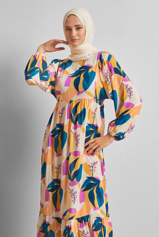 Vêtements hijab JAUNE ROBE VISCON À MOTIFS 45757 - ALVİNA