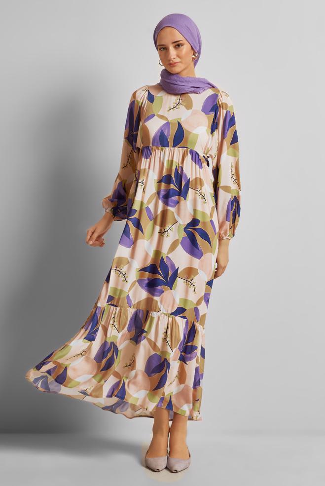 Vêtements hijab BRUN ROBE VISCON À MOTIFS 45757 - ALVİNA