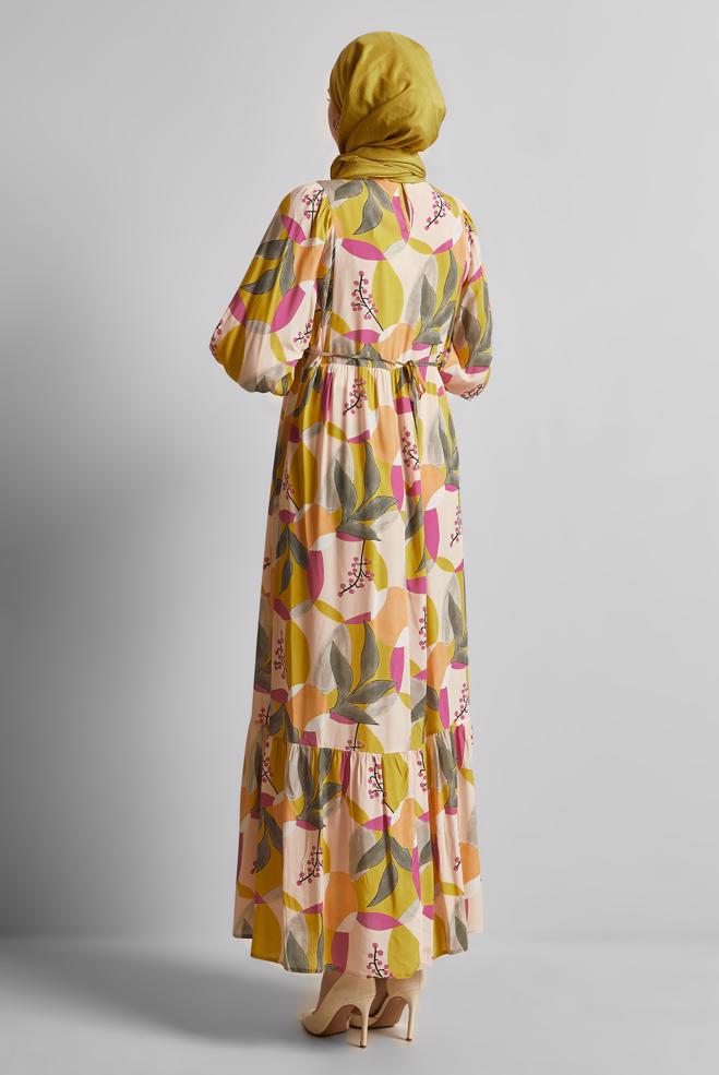 Vêtements hijab VERT ROBE VISCON À MOTIFS 45757 - ALVİNA