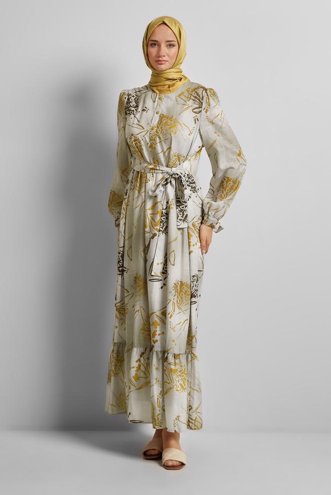 Vêtements hijab JAUNE ROBE À MOTIFS CEINTURÉE 45760 - ALVİNA