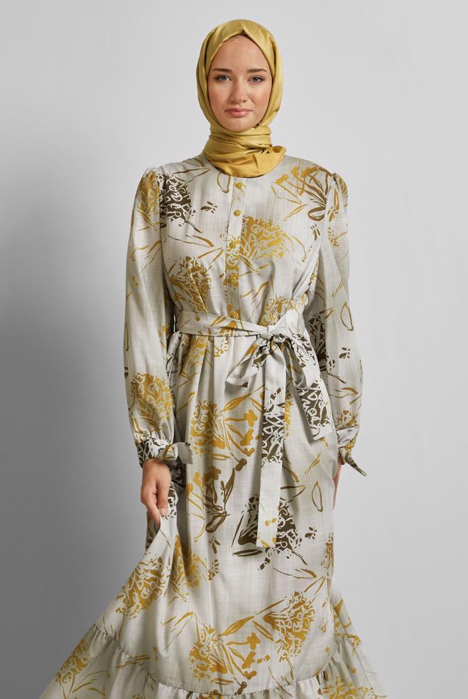 Vêtements hijab JAUNE ROBE À MOTIFS CEINTURÉE 45760 - ALVİNA