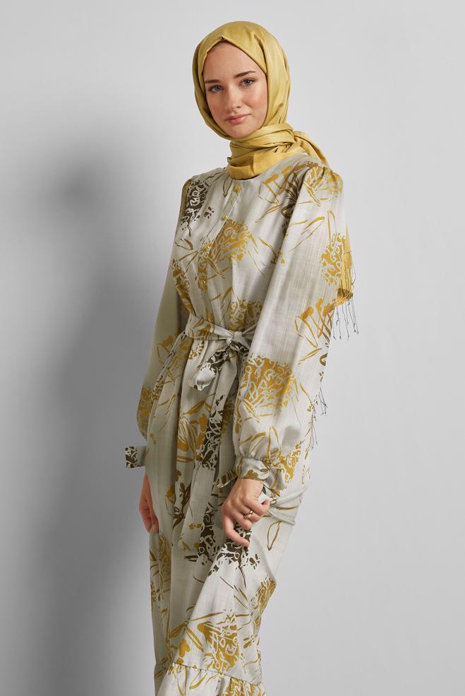 Vêtements hijab JAUNE ROBE À MOTIFS CEINTURÉE 45760 - ALVİNA