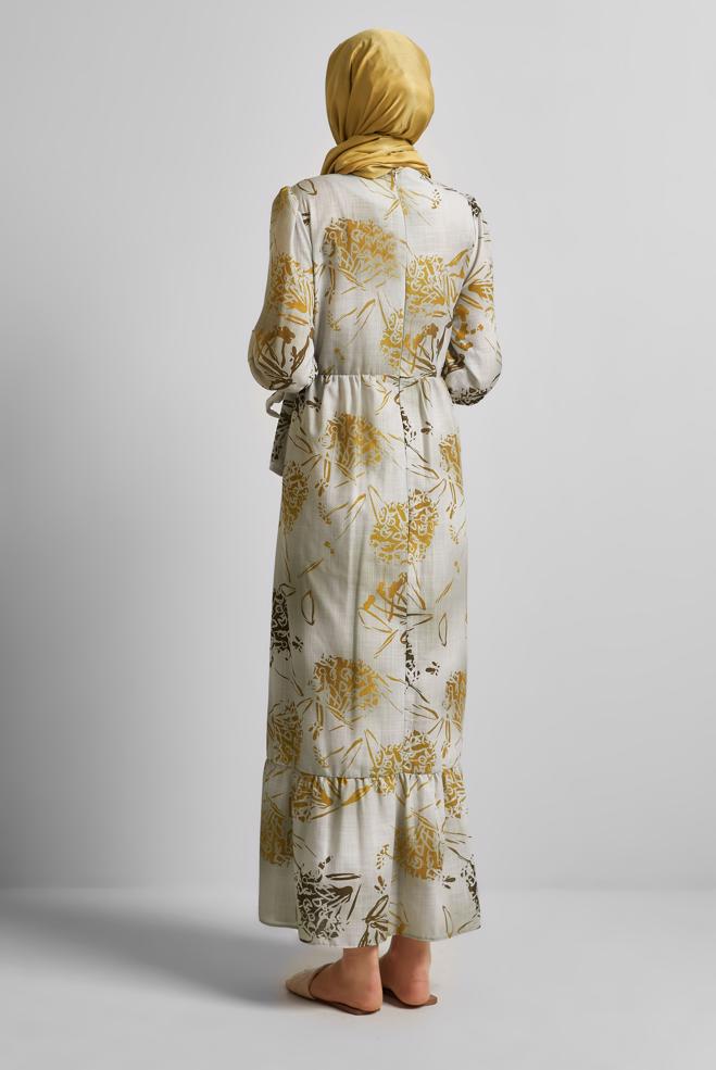 Vêtements hijab JAUNE ROBE À MOTIFS CEINTURÉE 45760 - ALVİNA