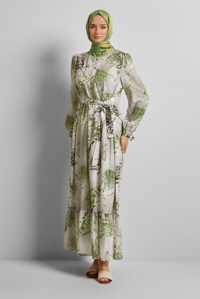 Vêtements hijab KAKI ROBE À MOTIFS CEINTURÉE 45760 - ALVİNA