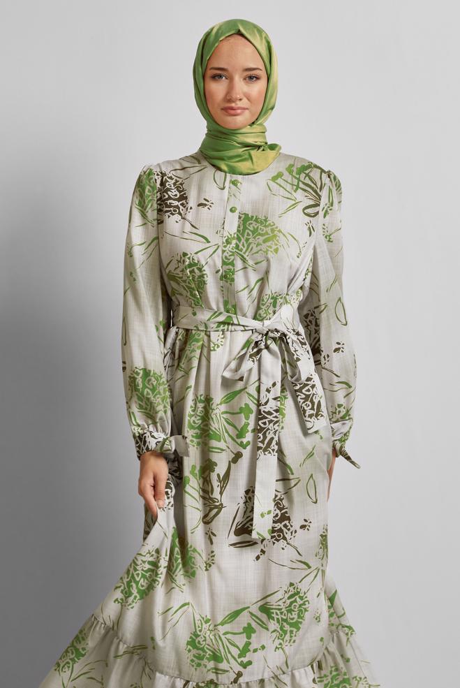 Vêtements hijab KAKI ROBE À MOTIFS CEINTURÉE 45760 - ALVİNA