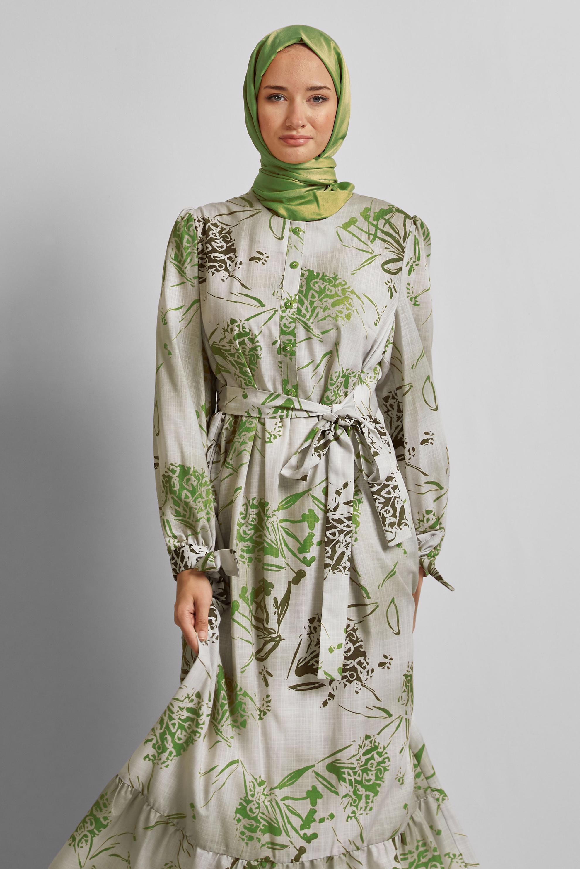 Vêtements hijab KAKI ROBE À MOTIFS CEINTURÉE 45760