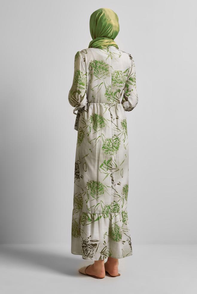 Vêtements hijab KAKI ROBE À MOTIFS CEINTURÉE 45760 - ALVİNA