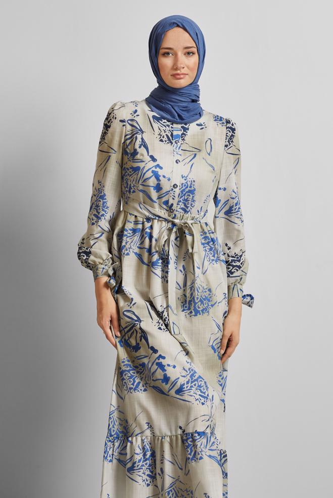 Vêtements hijab BLEU MARINE ROBE À MOTIFS CEINTURÉE 45760 - ALVİNA