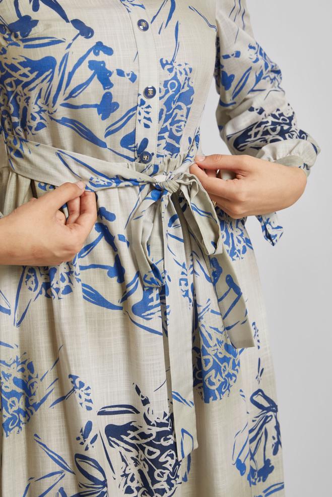 Vêtements hijab BLEU MARINE ROBE À MOTIFS CEINTURÉE 45760 - ALVİNA