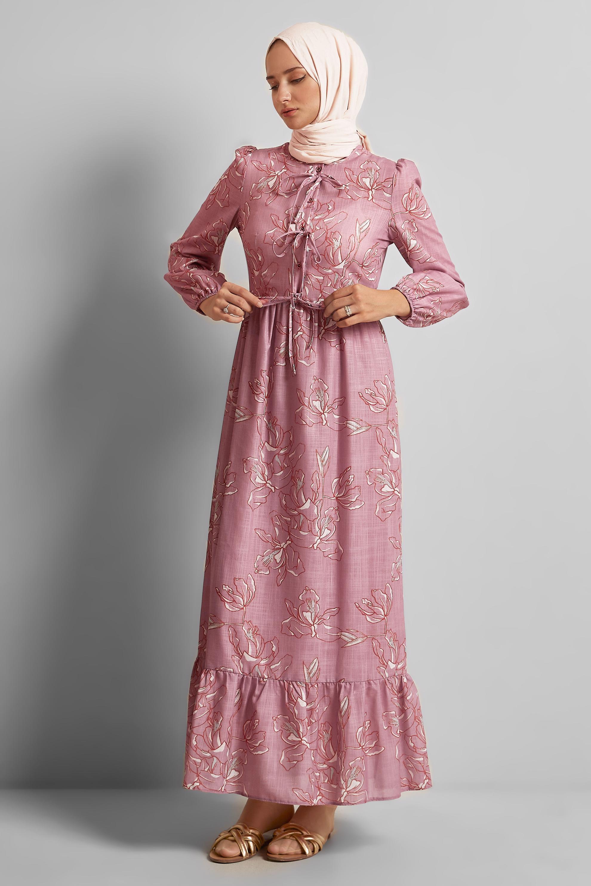 Tesettür giyim PEMBE DESENLİ ELBİSE 45761