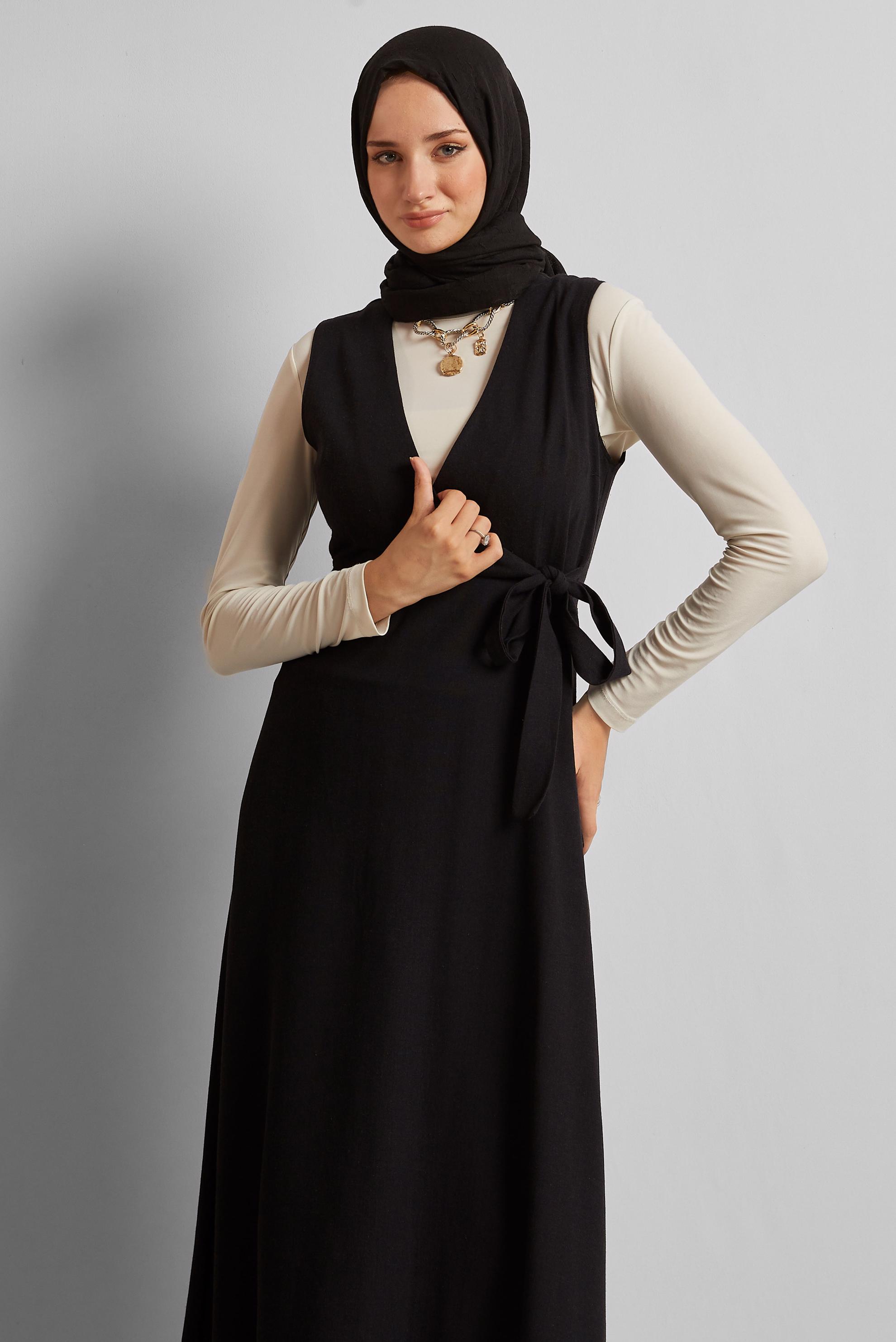Vêtements hijab NOIR ROBE CHASUBLE CEINTURÉE 45769