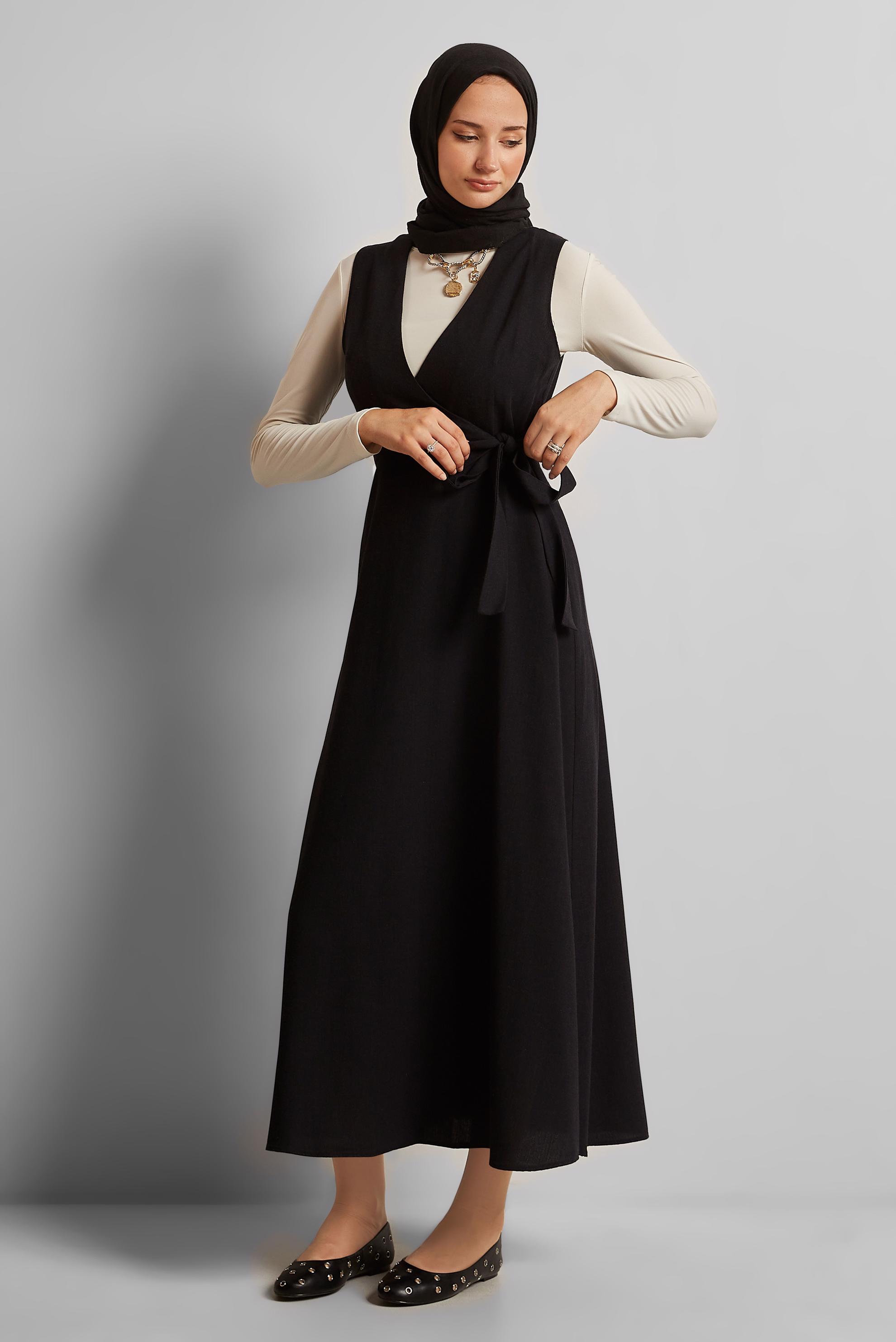 Vêtements hijab NOIR ROBE CHASUBLE CEINTURÉE 45769