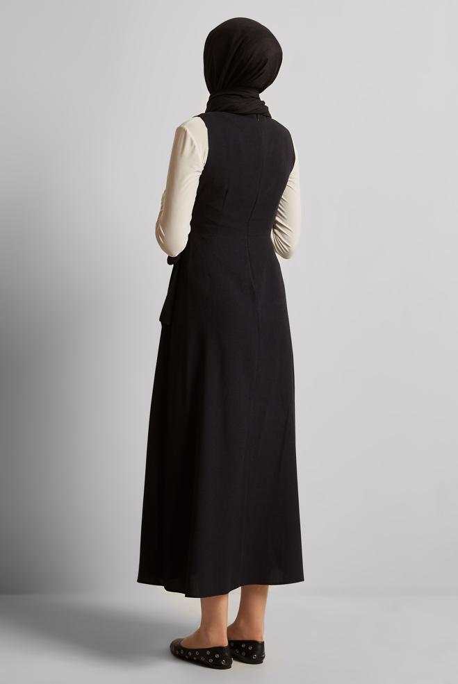Vêtements hijab NOIR ROBE CHASUBLE CEINTURÉE 45769 - ALVİNA