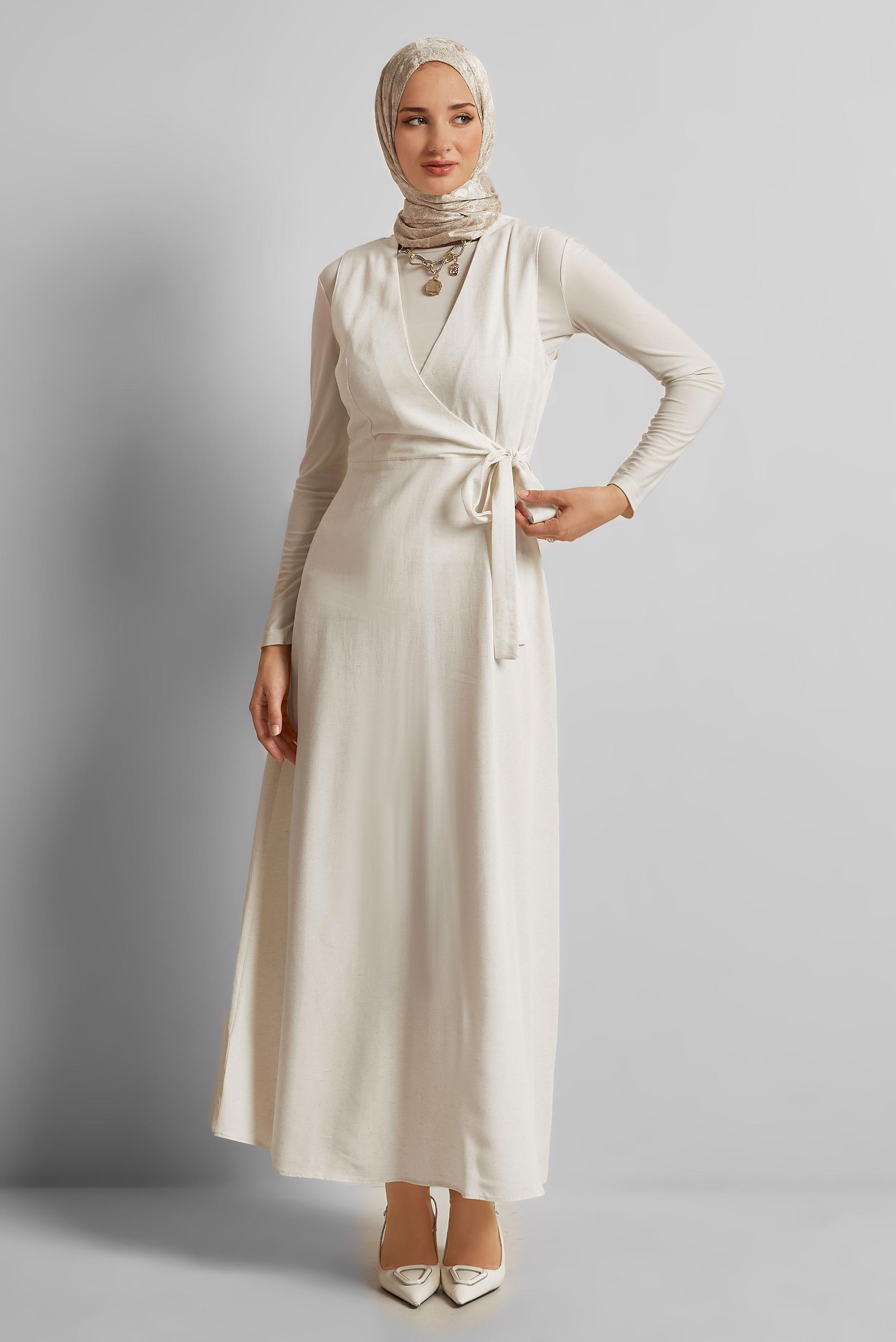 Vêtements hijab BLANC ROBE CHASUBLE CEINTURÉE 45769