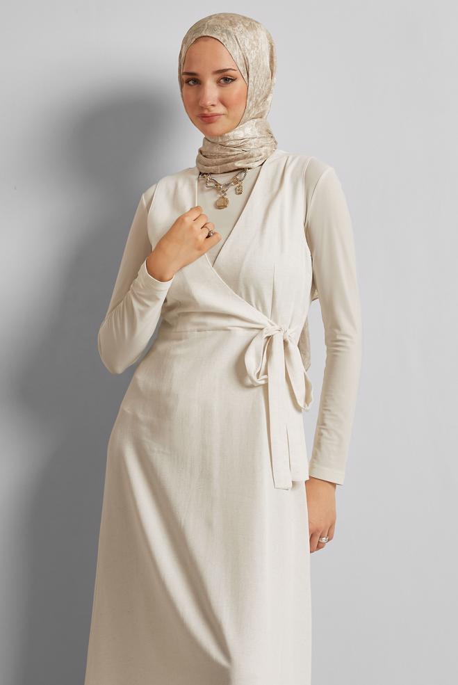 Vêtements hijab BLANC ROBE CHASUBLE CEINTURÉE 45769 - ALVİNA