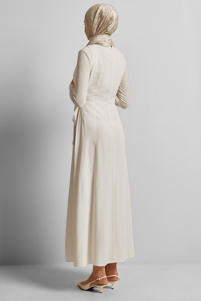 Vêtements hijab BLANC ROBE CHASUBLE CEINTURÉE 45769 - ALVİNA