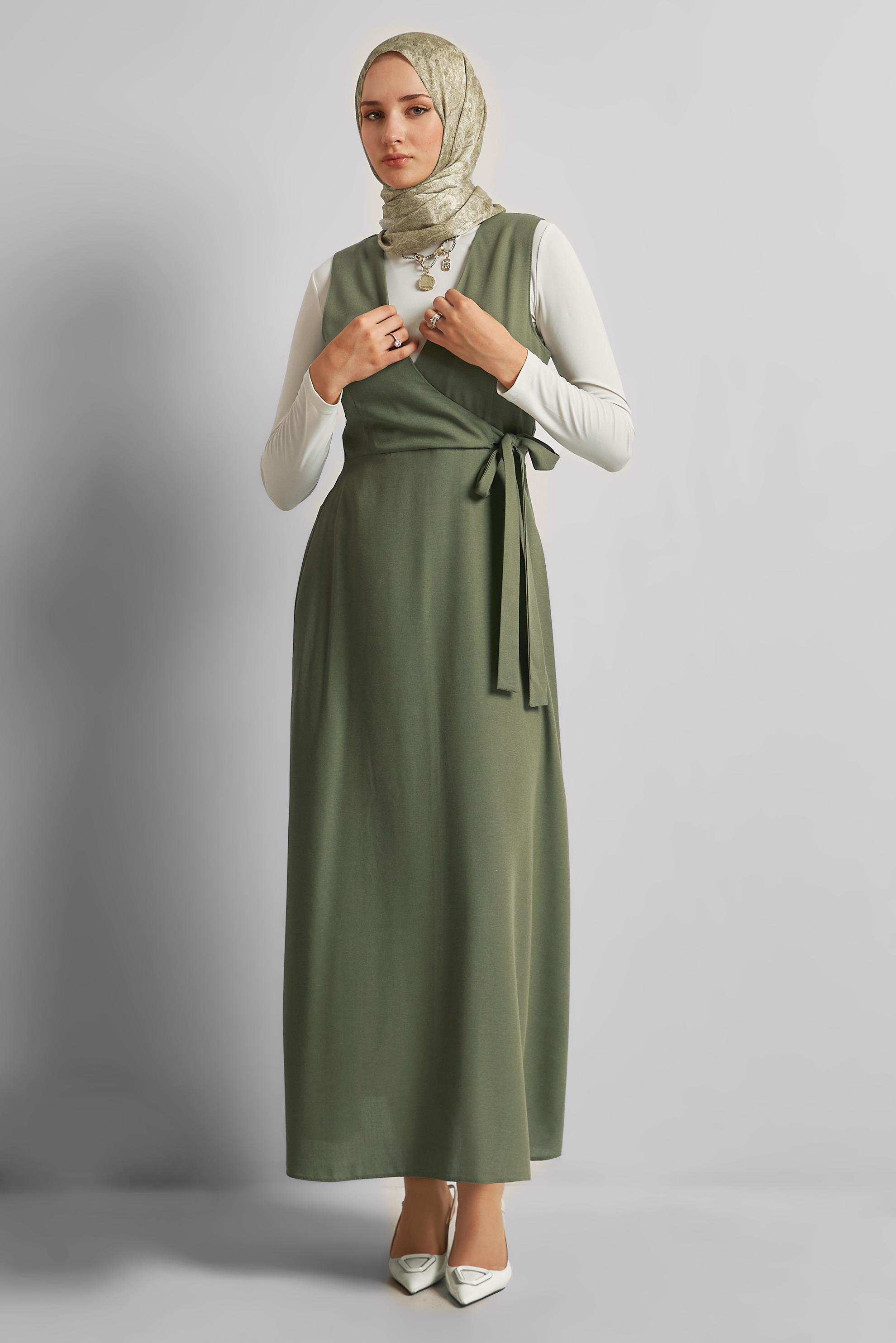 Tesettür giyim HAKİ KETEN JİLE ELBİSE 45769