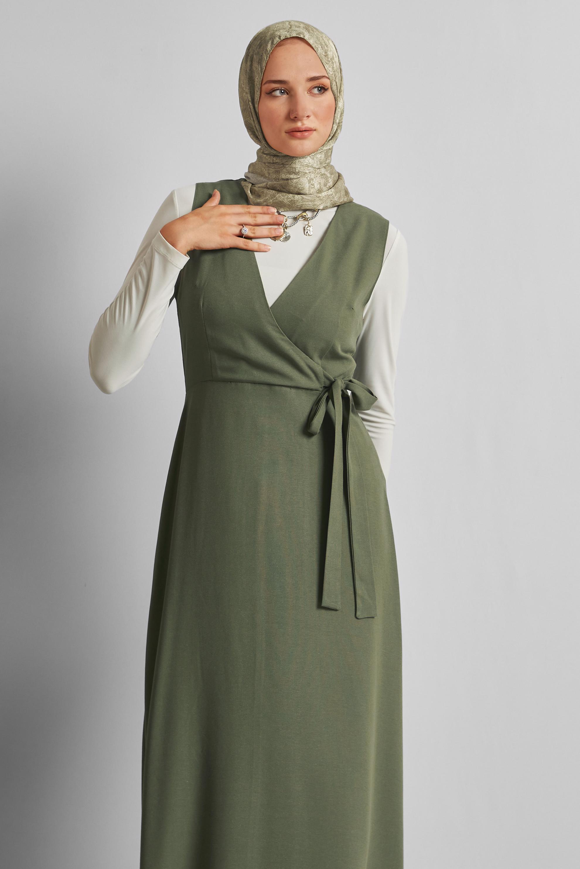 Tesettür giyim HAKİ KETEN JİLE ELBİSE 45769