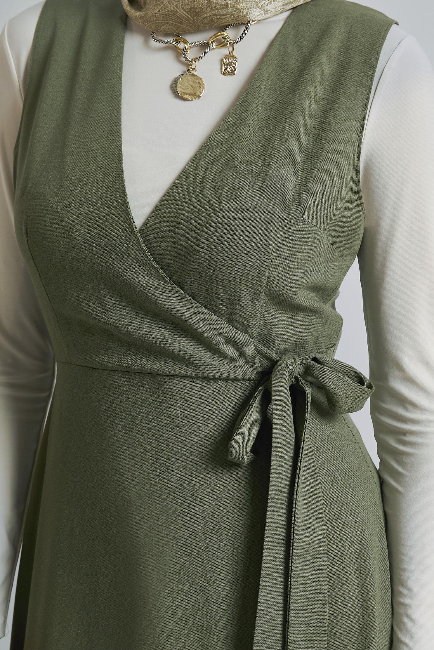 Tesettür giyim HAKİ KETEN JİLE ELBİSE 45769