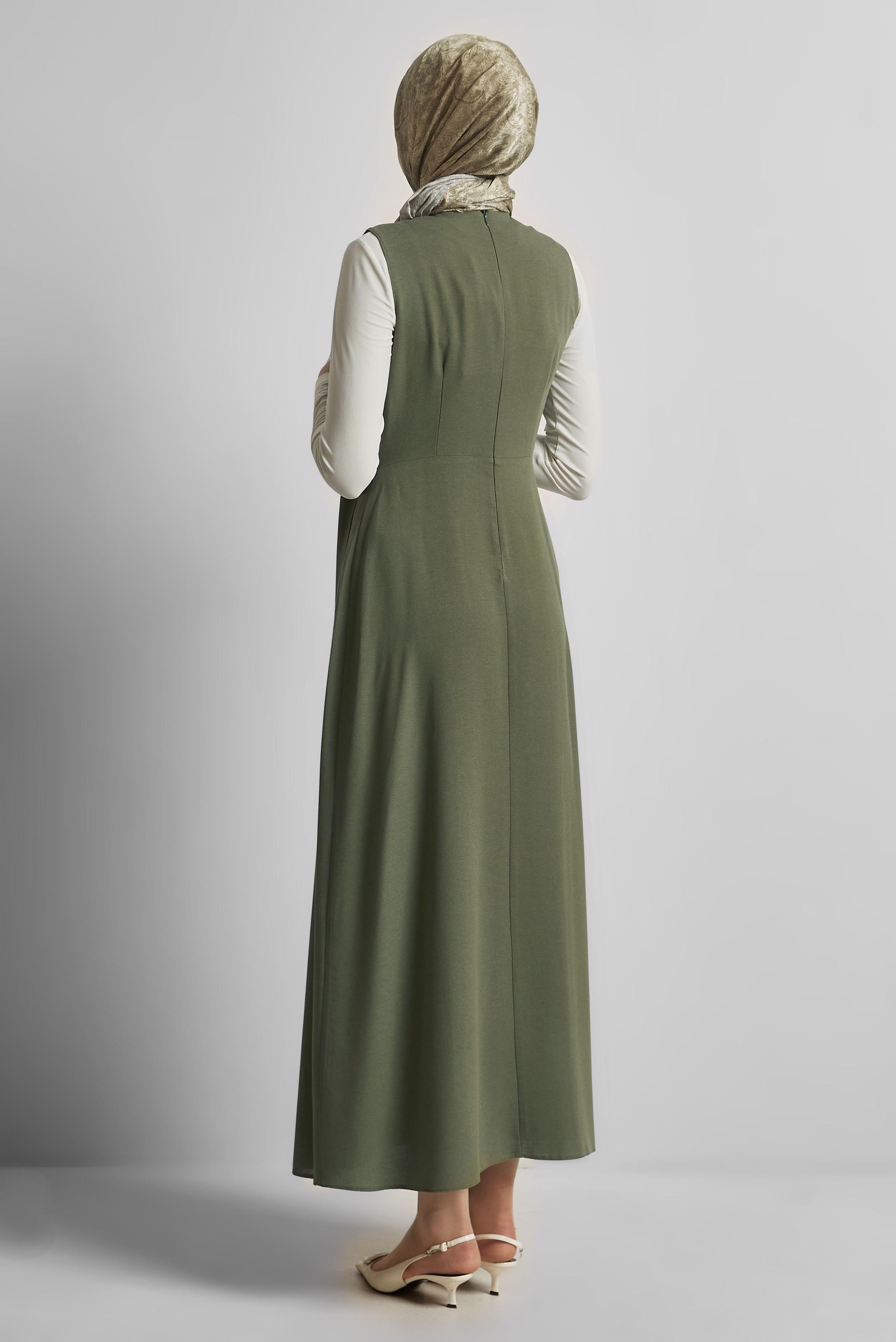 Tesettür giyim HAKİ KETEN JİLE ELBİSE 45769