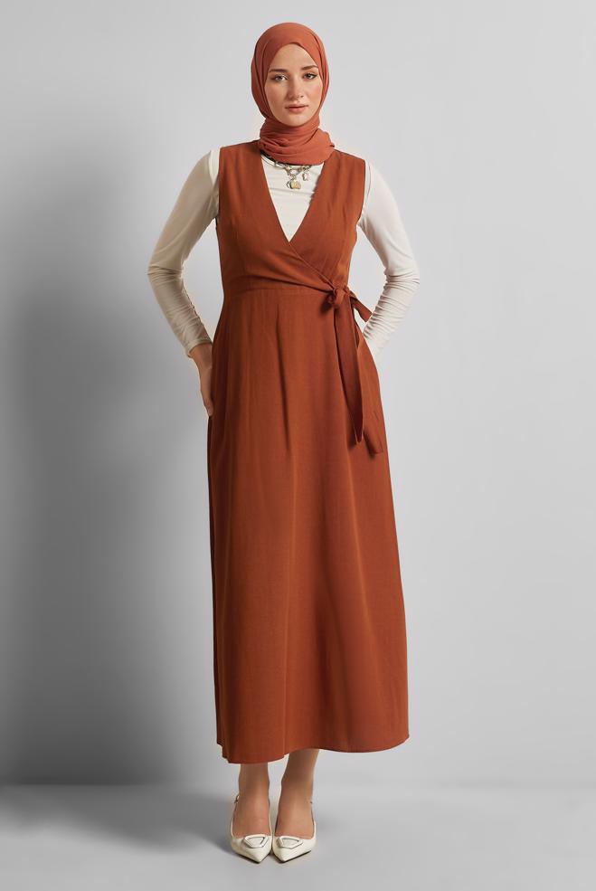 Hijab-Kleidung ORANGE TRÄGERKLEID MIT GÜRTEL 45769 - ALVİNA