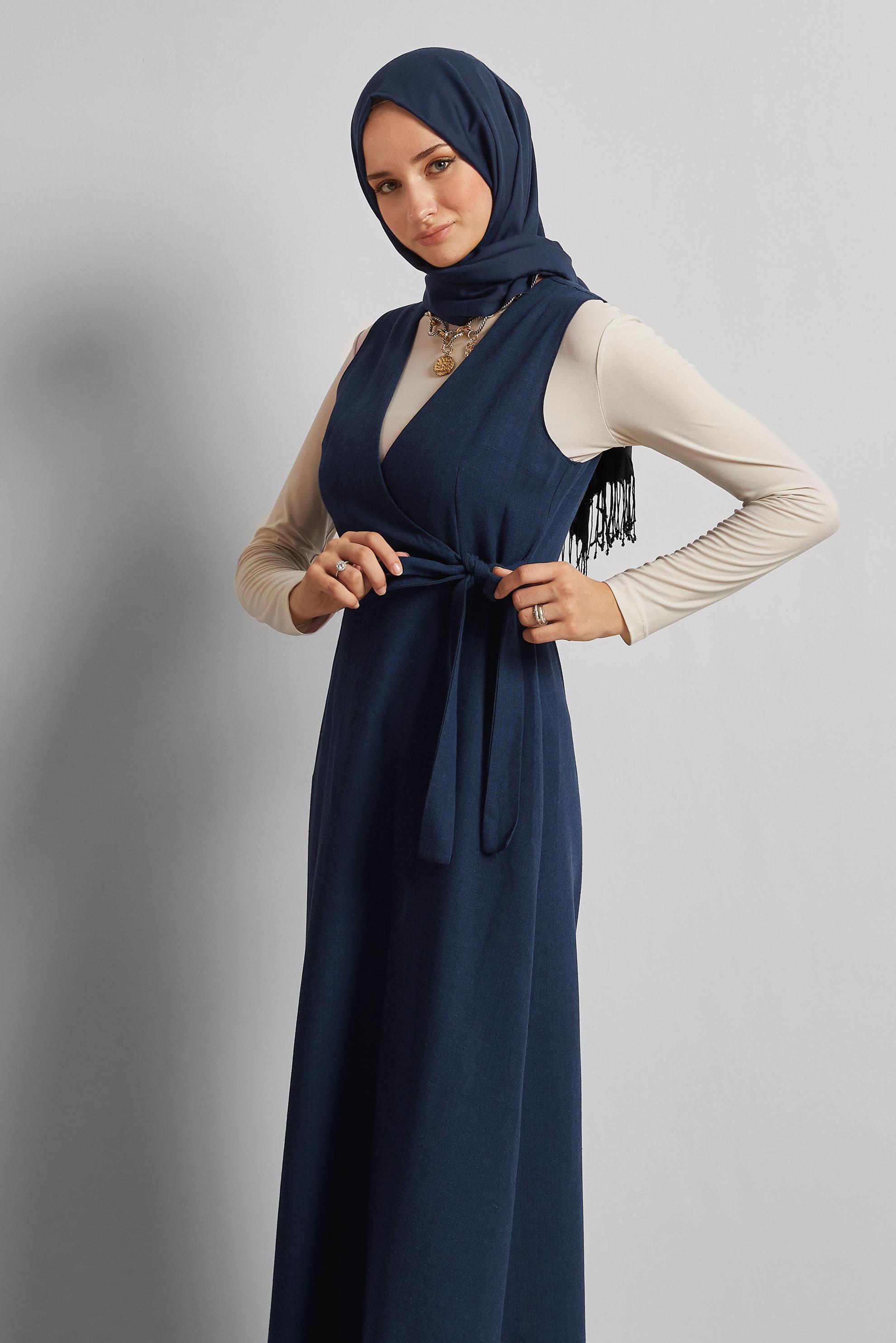 Tesettür giyim LACİVERT KETEN JİLE ELBİSE 45769